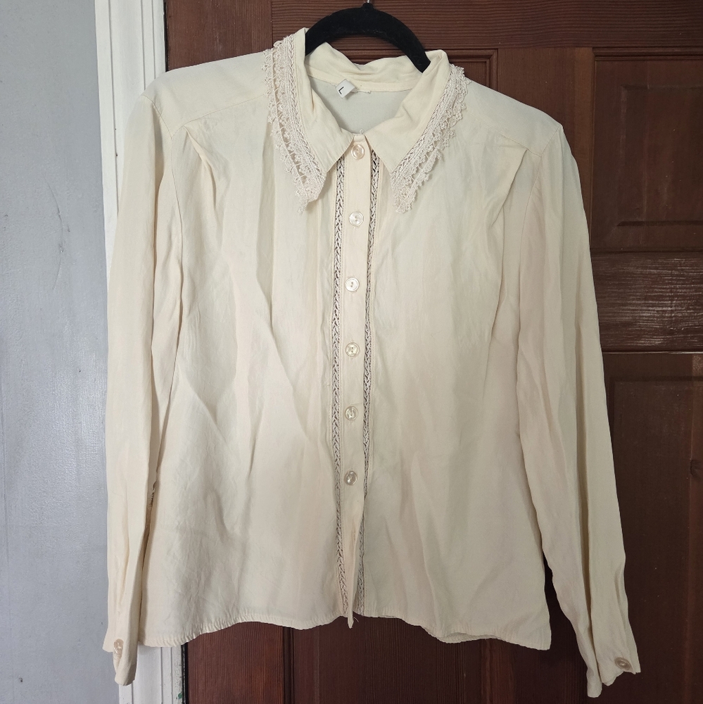 Elegant Cream Lace-Trimmed Women's Blouse